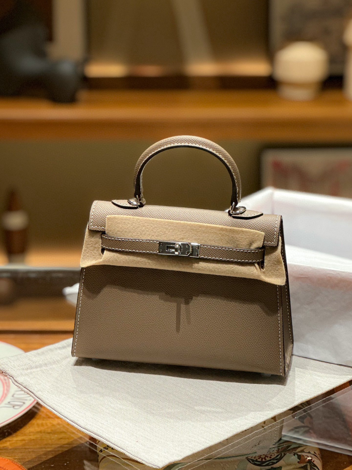 kelly bag taupe silver hardware-100% cowhide