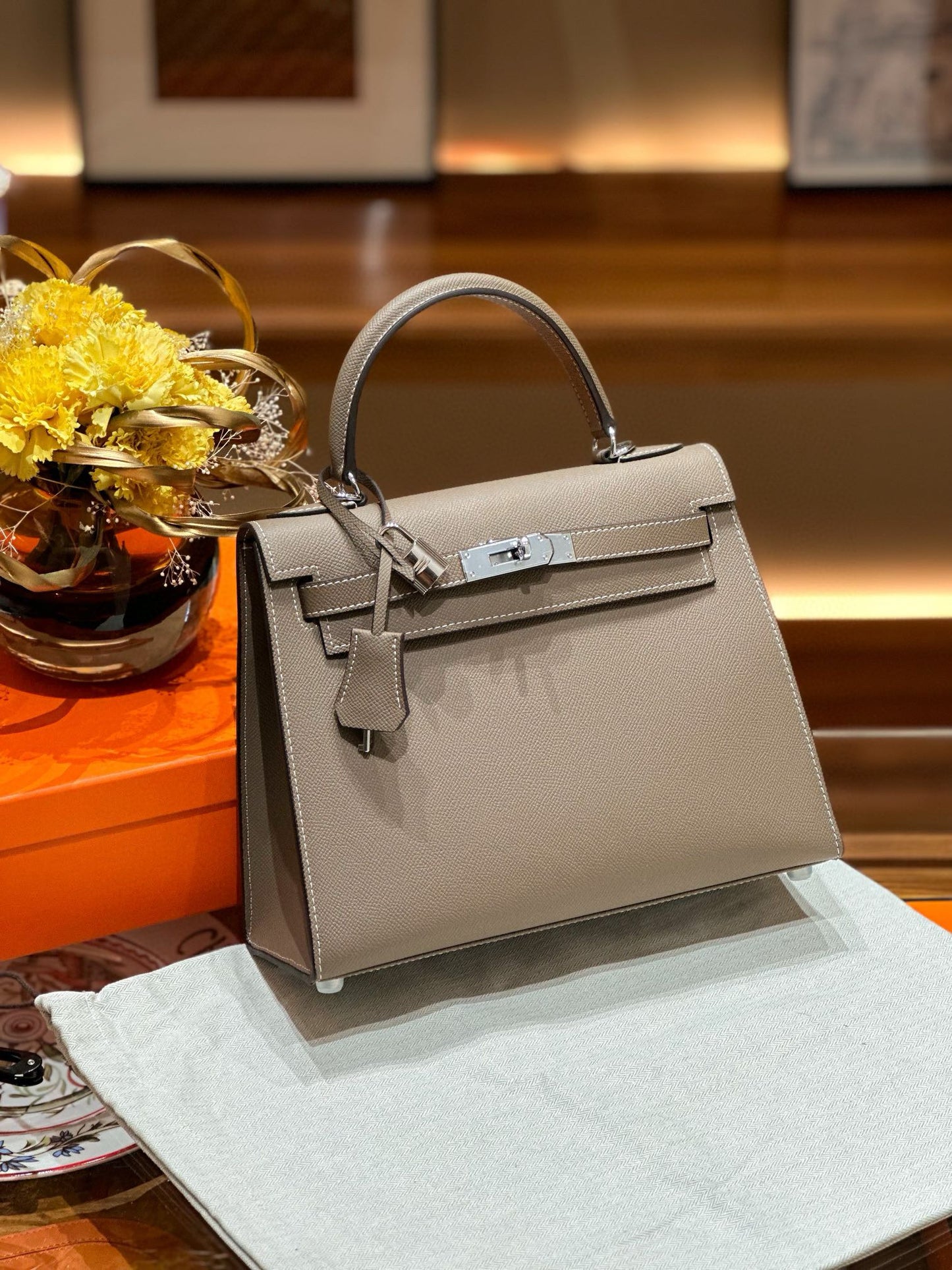 kelly bag taupe silver hardware-100% cowhide