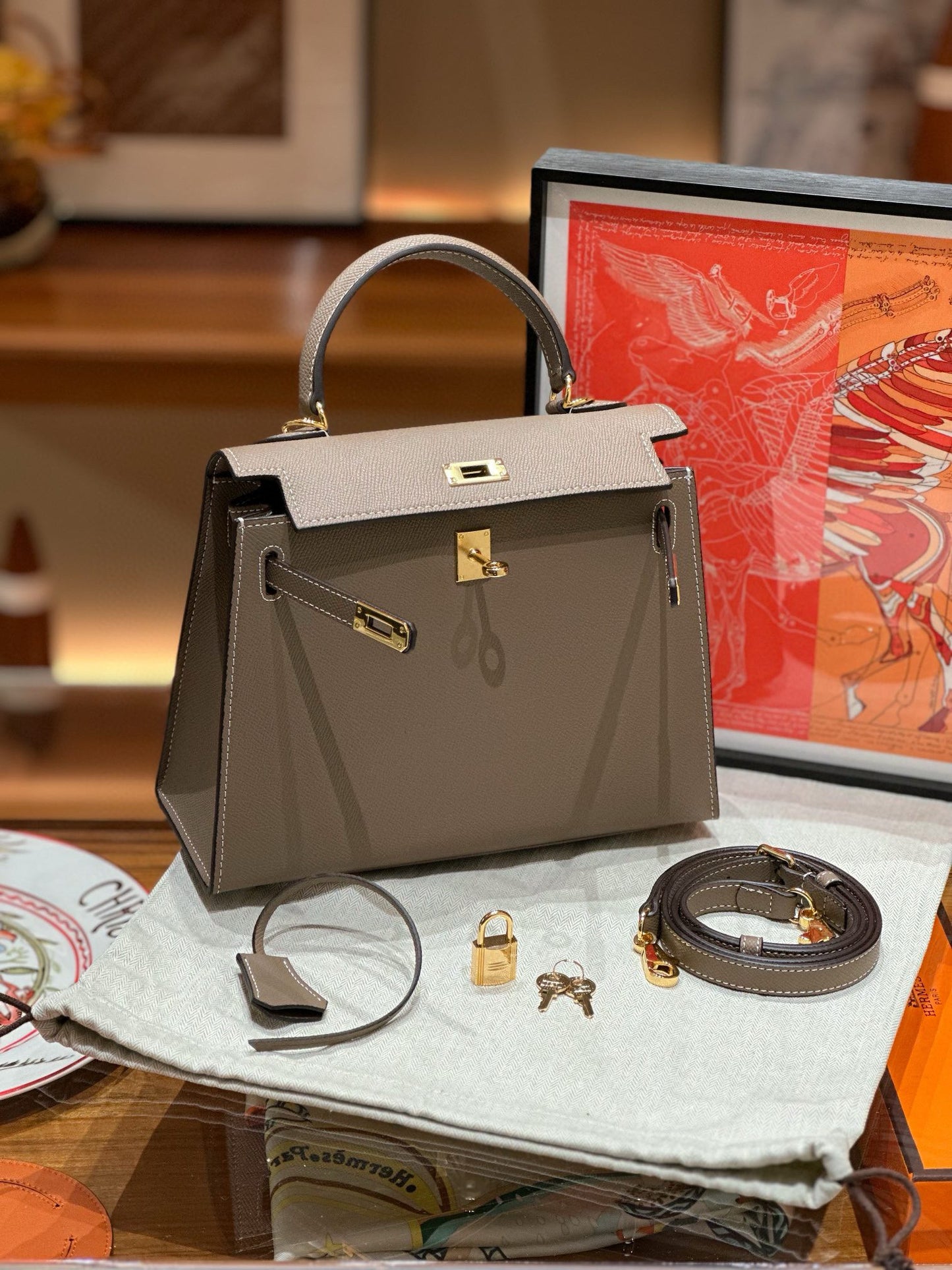 kelly bag taupe -100% cowhide