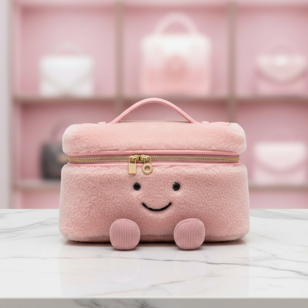 "Blush Pink Feet" Fluffy Vanity Bag – Whimsical Luxury Cosmetic Clutch