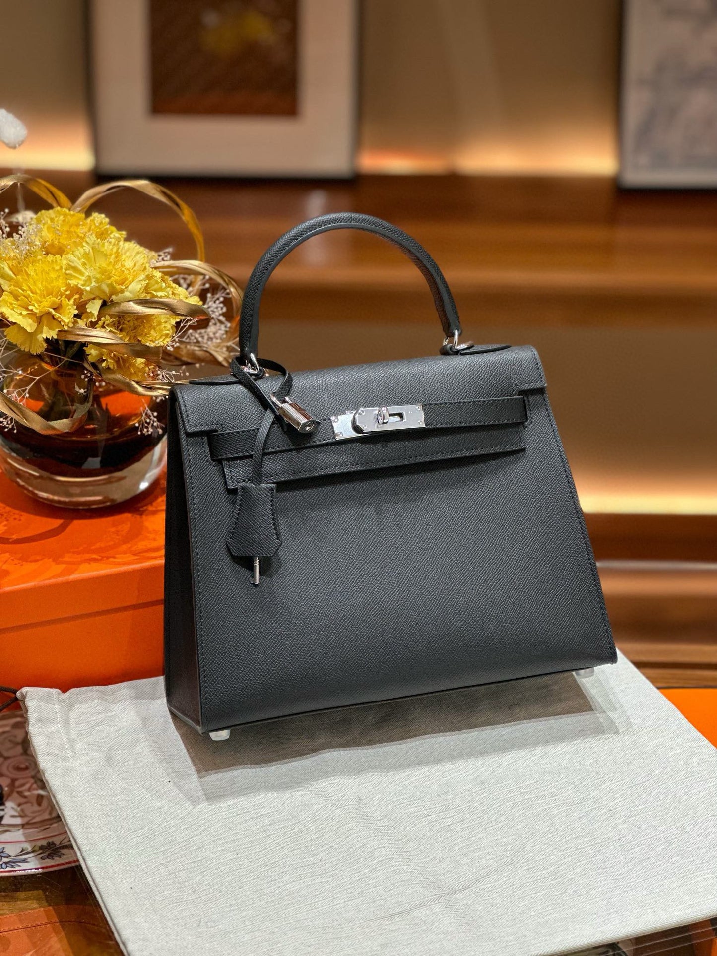kelly bag black silver hardware-100% cowhide