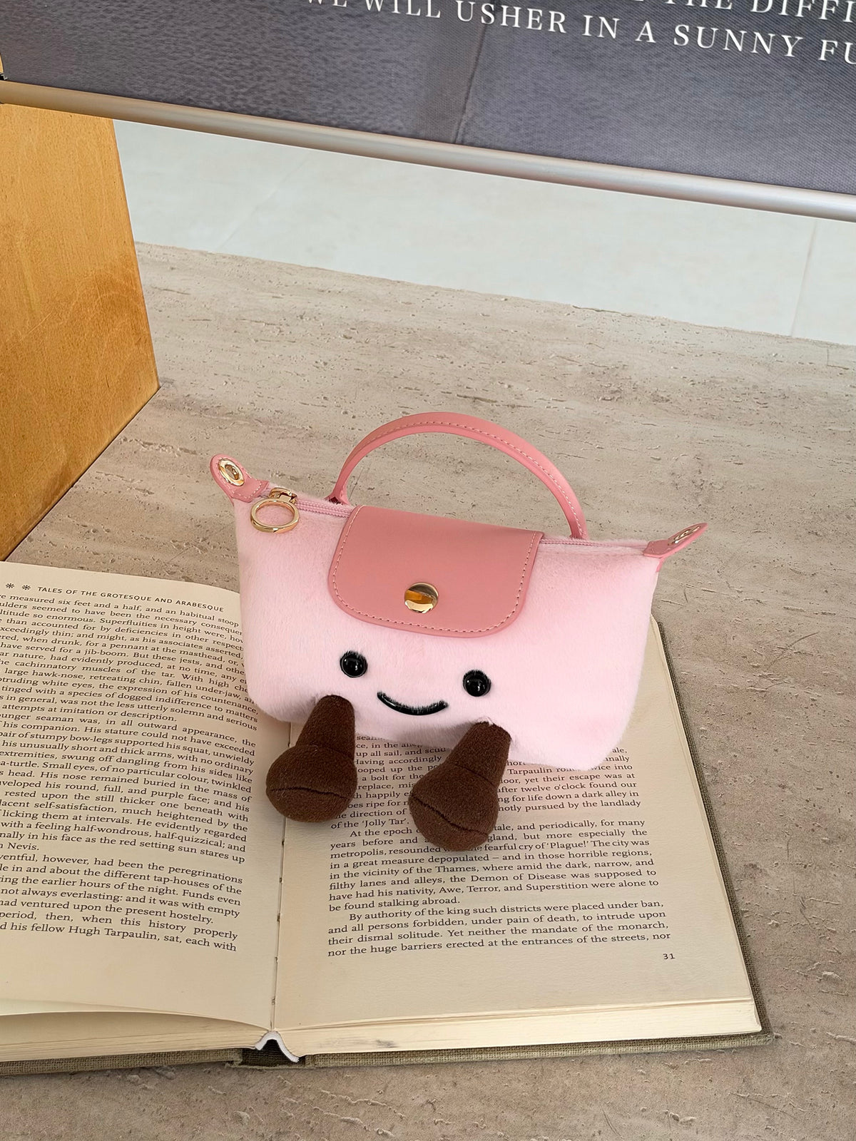 Cute Plush Smiling Face Mini Tote Bag | Fluffy Plush Handbag with Leather Trim & Feet, Adorable Kawaii Shoulder Bag
