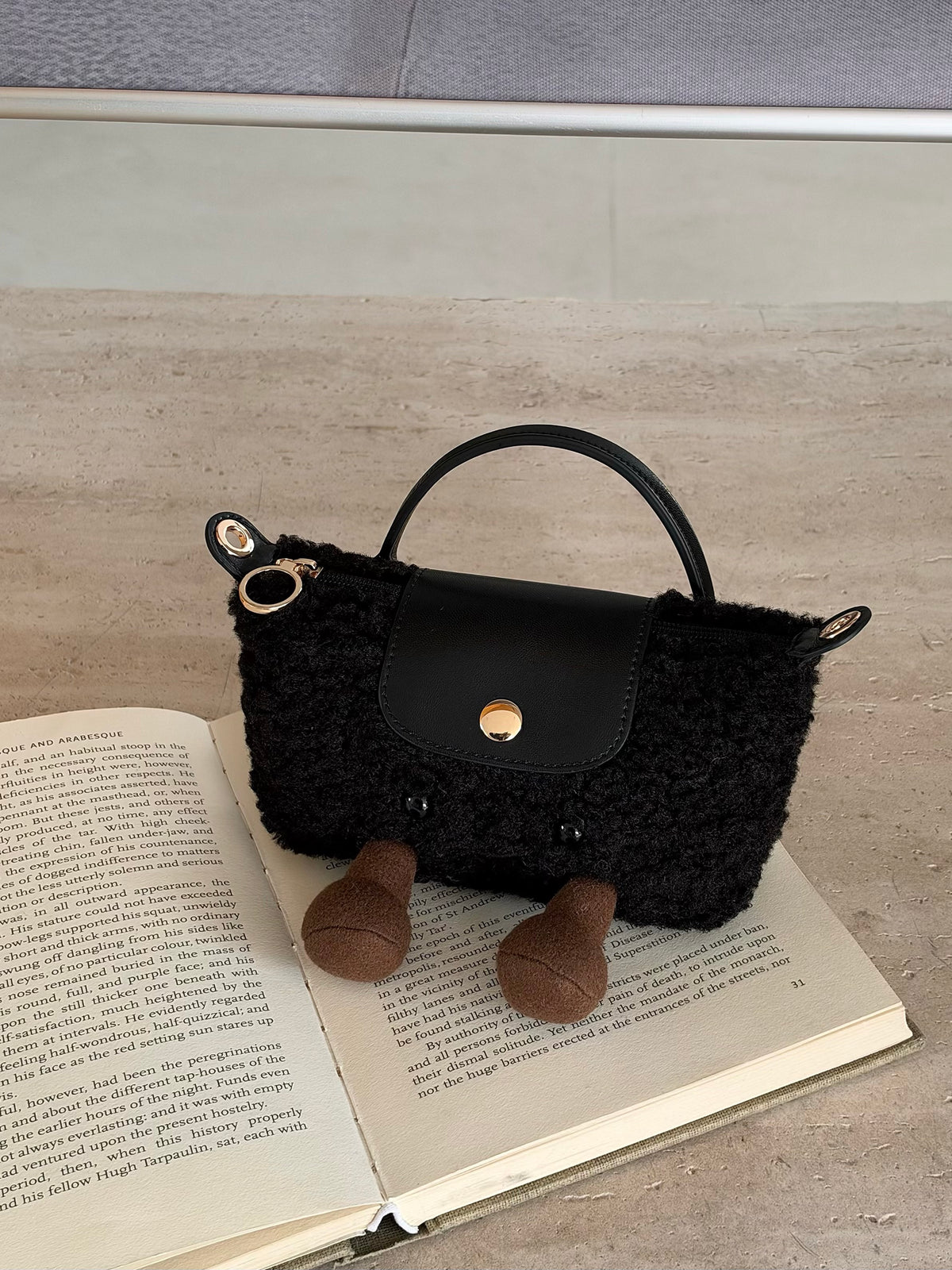 Cute Plush Smiling Face Mini Tote Bag | Fluffy Plush Handbag with Leather Trim & Feet, Adorable Kawaii Shoulder Bag