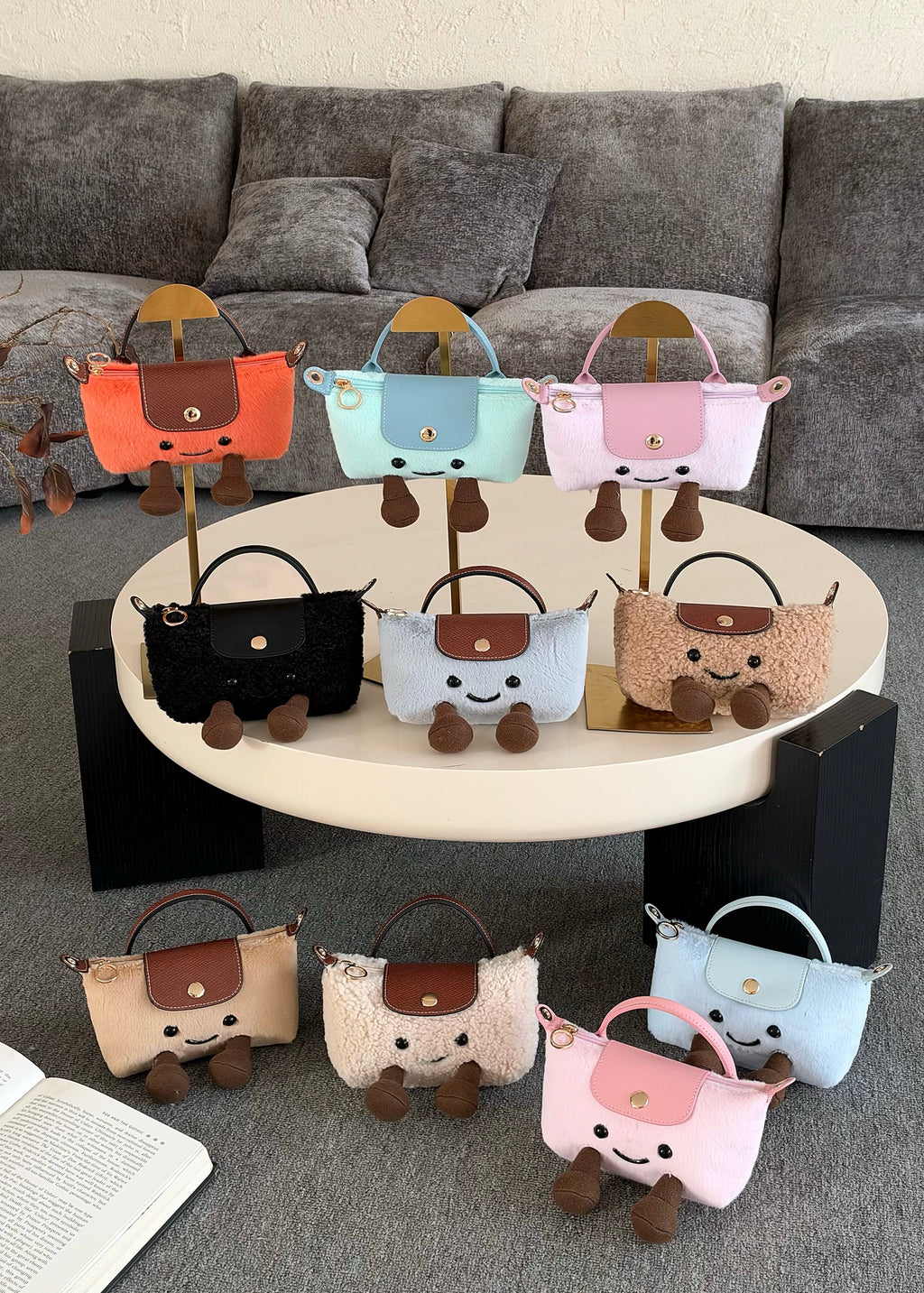Cute Plush Smiling Face Mini Tote Bag | Fluffy Plush Handbag with Leather Trim & Feet, Adorable Kawaii Shoulder Bag