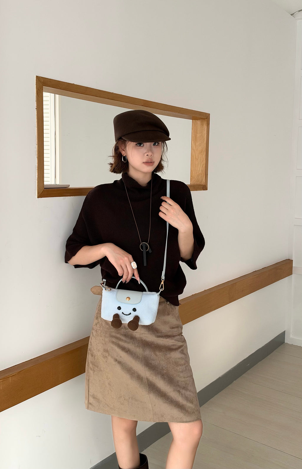 Cute Plush Smiling Face Mini Tote Bag | Fluffy Plush Handbag with Leather Trim & Feet, Adorable Kawaii Shoulder Bag