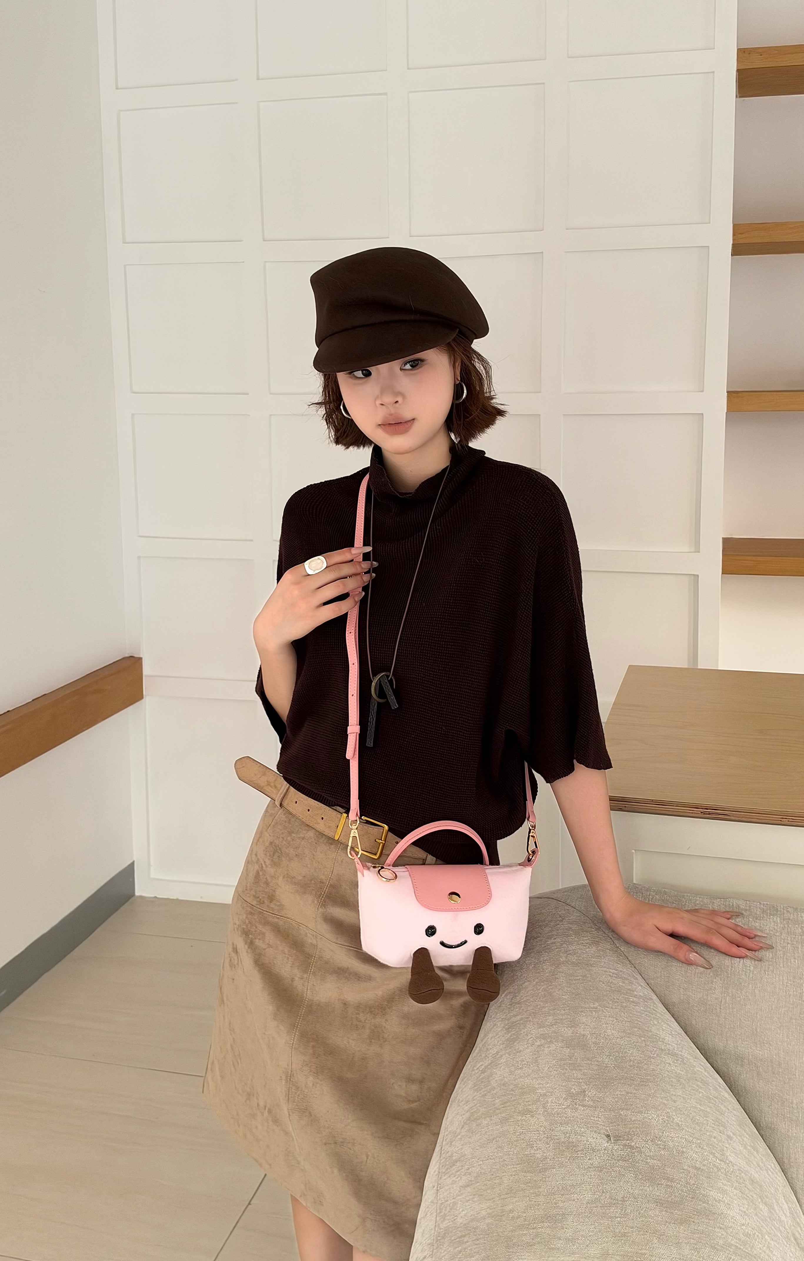 Cartoon Jellycat & Longchamp Style Cute Mini Tote Handle Shoulder Bag —— Plush Baby Pink