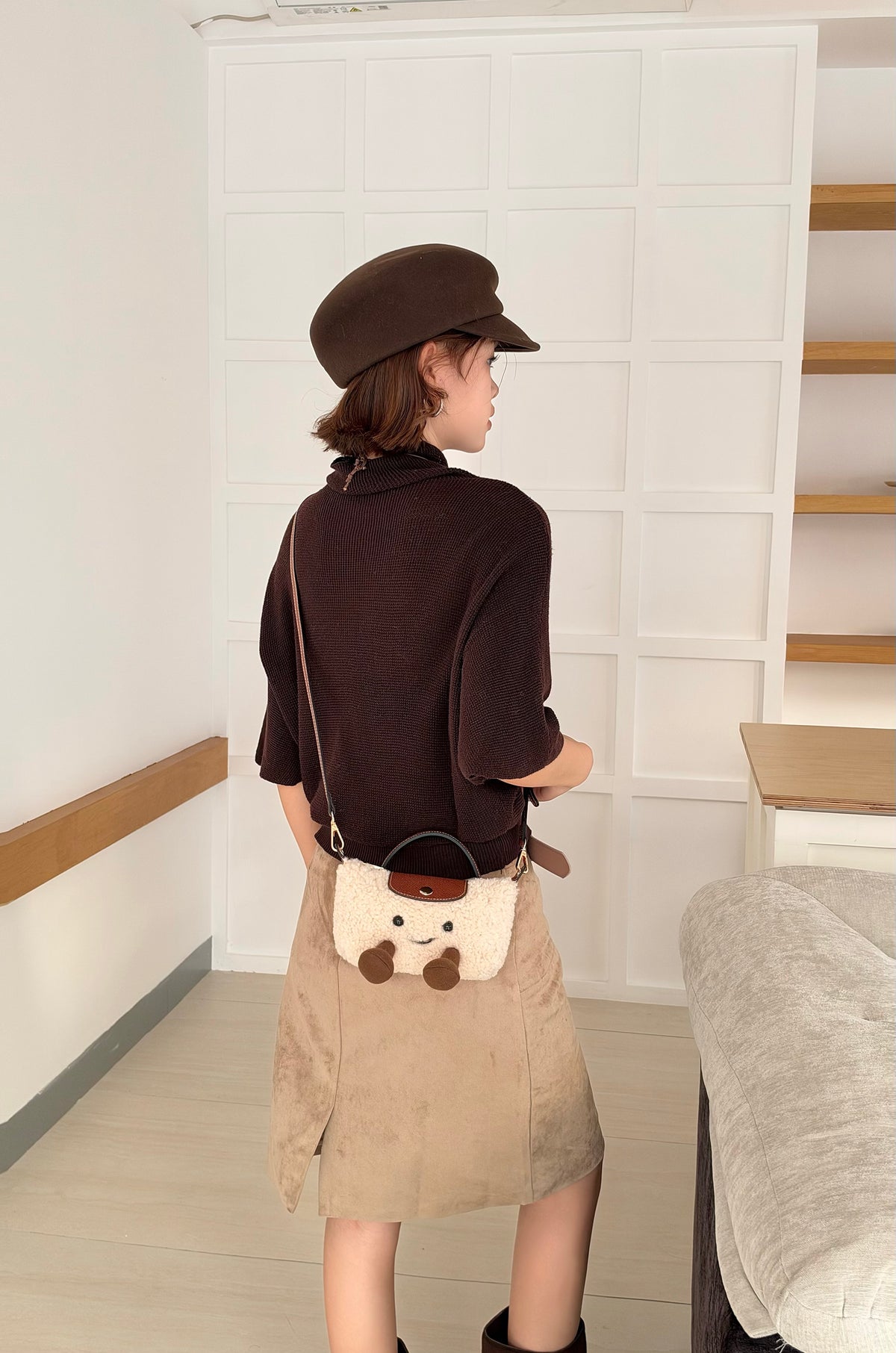 Cute Plush Smiling Face Mini Tote Bag | Fluffy Plush Handbag with Leather Trim & Feet, Adorable Kawaii Shoulder Bag