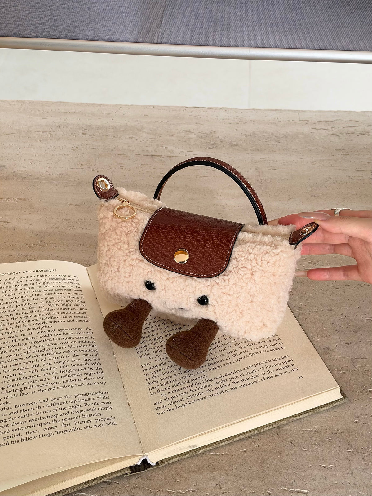 Cute Plush Smiling Face Mini Tote Bag | Fluffy Plush Handbag with Leather Trim & Feet, Adorable Kawaii Shoulder Bag