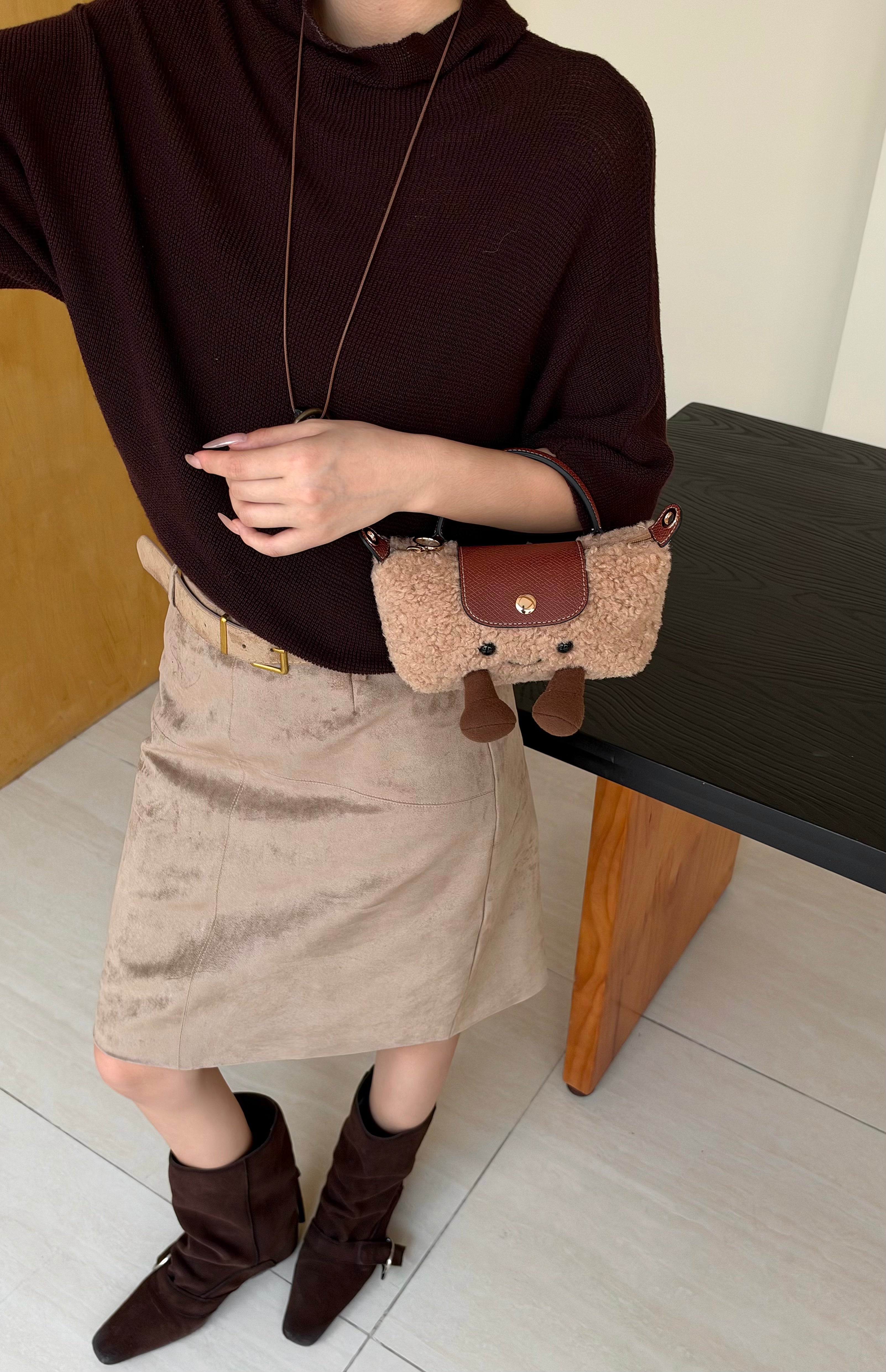 Cartoon Jellycat & Longchamp Style Cute Mini Tote Handle Shoulder Bag —— Woolen Camel