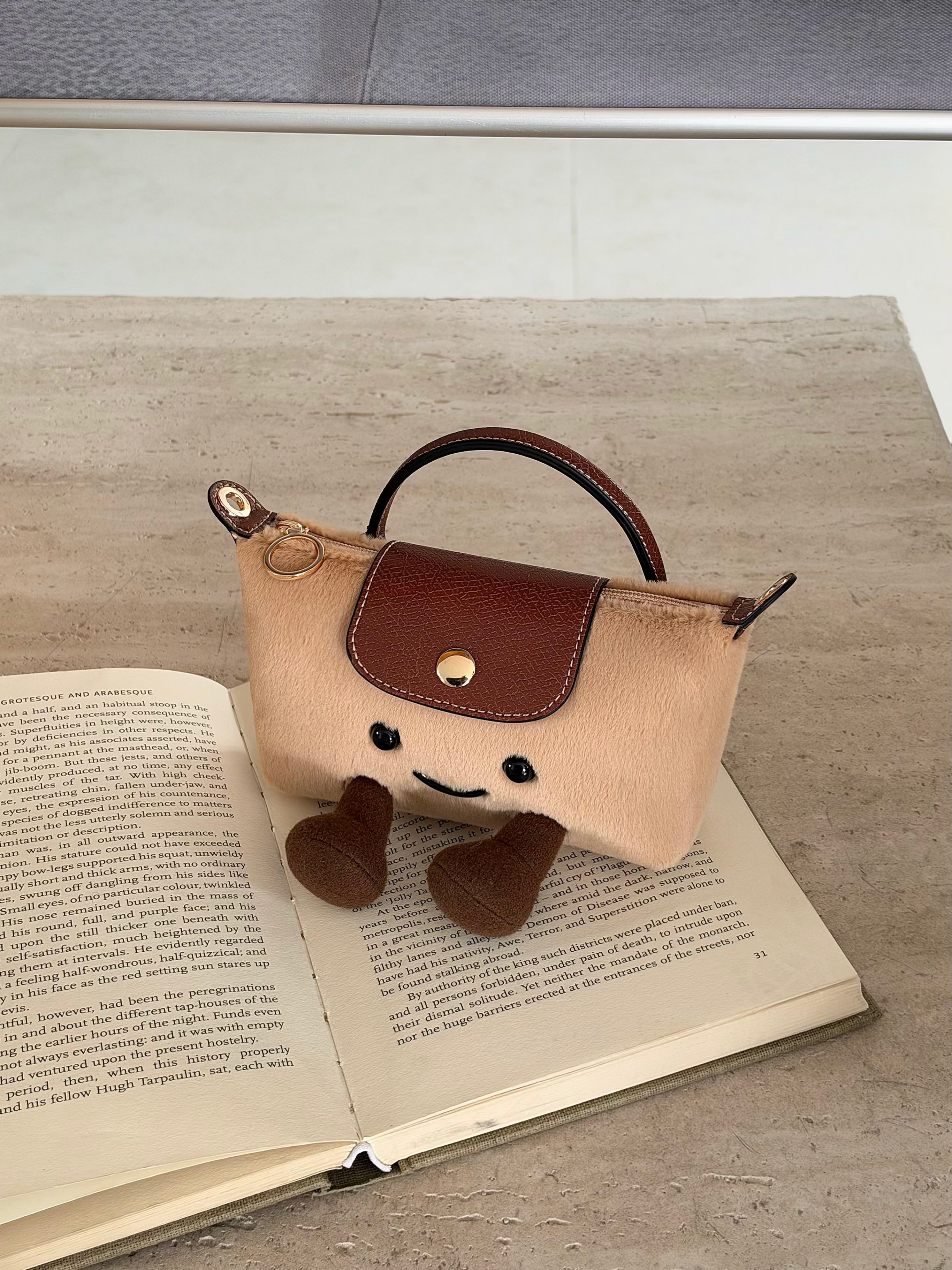 Cartoon Jellycat & Longchamp Style Cute Mini Tote Handle Shoulder Bag —— Plush Brown