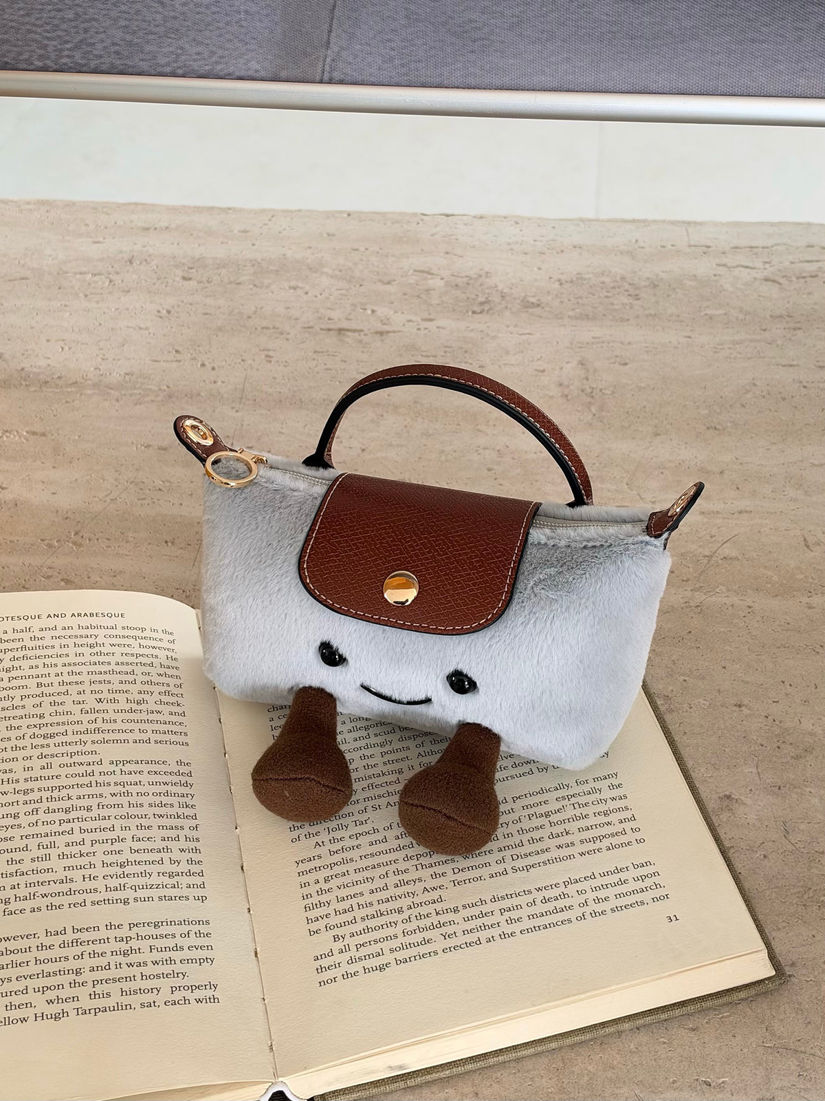 Cute Plush Smiling Face Mini Tote Bag | Fluffy Plush Handbag with Leather Trim & Feet, Adorable Kawaii Shoulder Bag