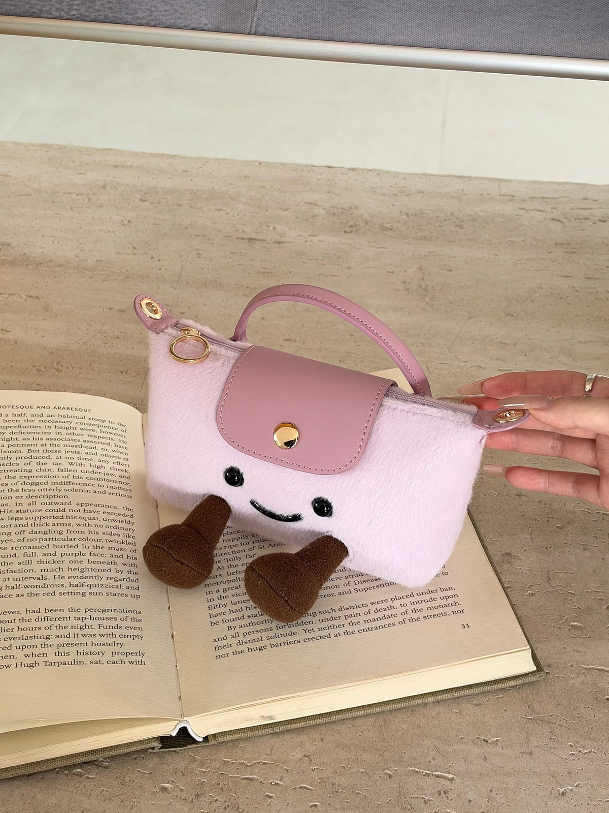 Cute Plush Smiling Face Mini Tote Bag | Fluffy Plush Handbag with Leather Trim & Feet, Adorable Kawaii Shoulder Bag