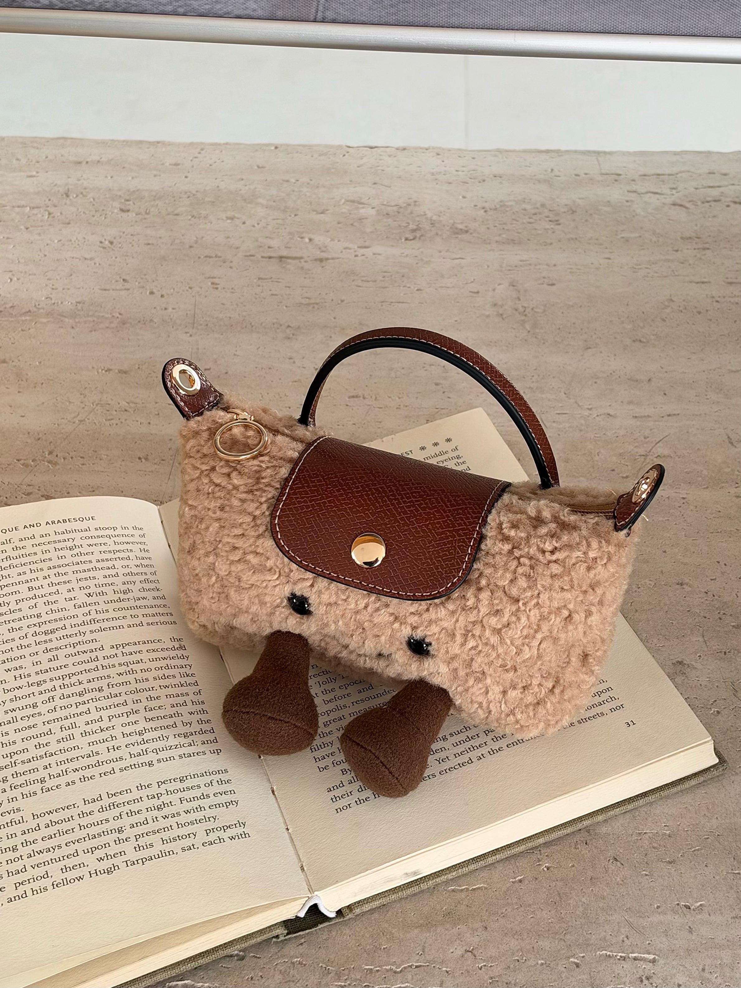 Cartoon Jellycat & Longchamp Style Cute Mini Tote Handle Shoulder Bag —— Woolen Camel