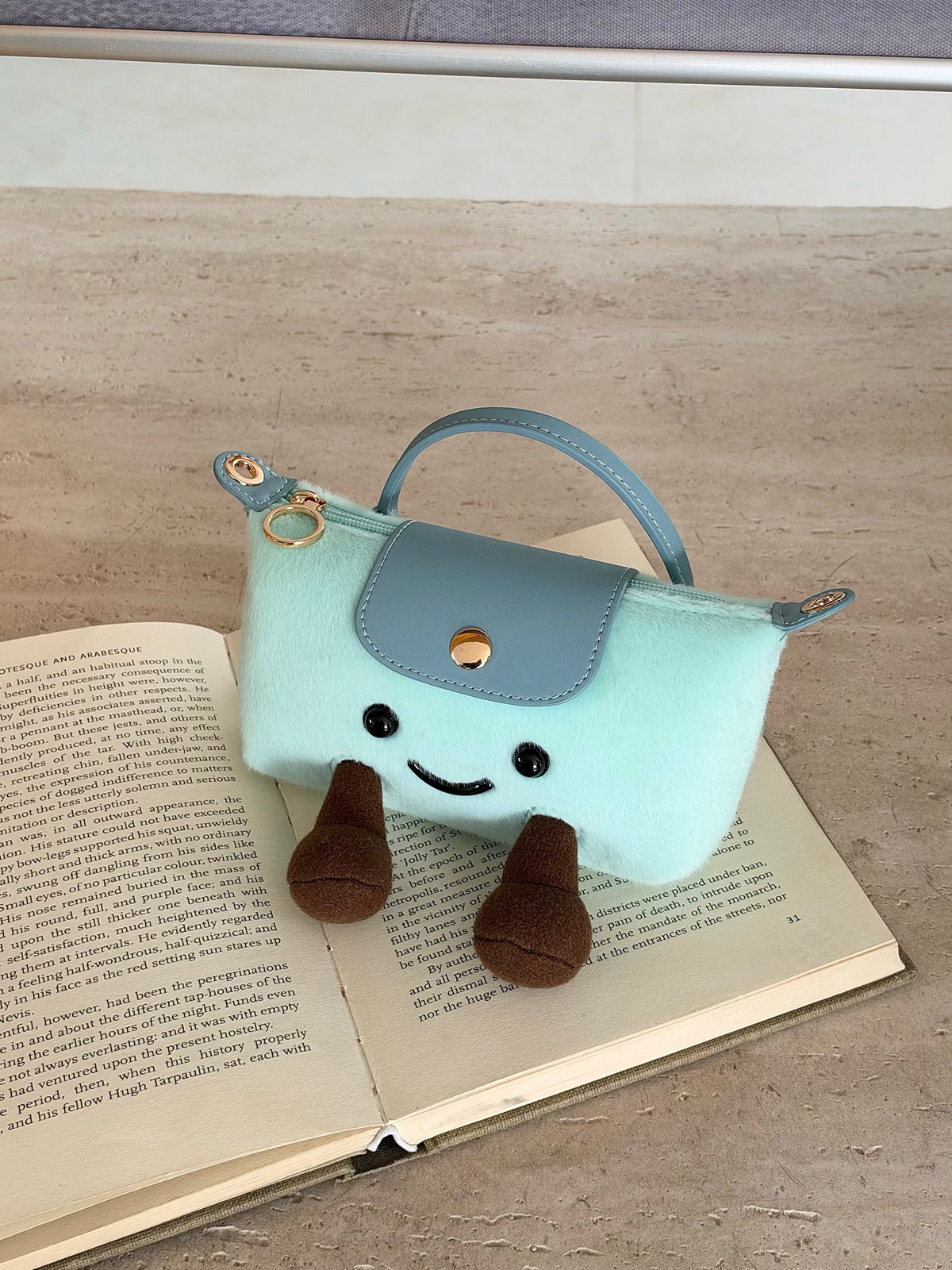 Cute Plush Smiling Face Mini Tote Bag | Fluffy Plush Handbag with Leather Trim & Feet, Adorable Kawaii Shoulder Bag