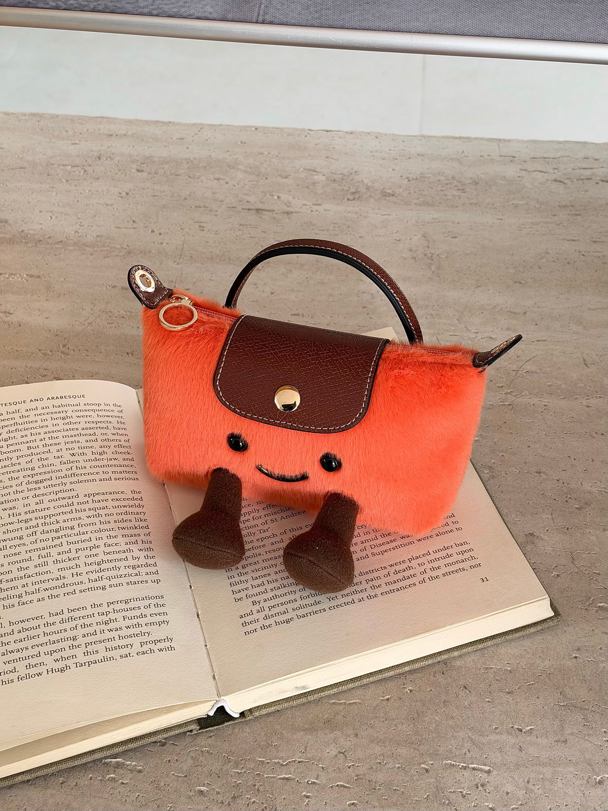 Cute Plush Smiling Face Mini Tote Bag | Fluffy Plush Handbag with Leather Trim & Feet, Adorable Kawaii Shoulder Bag