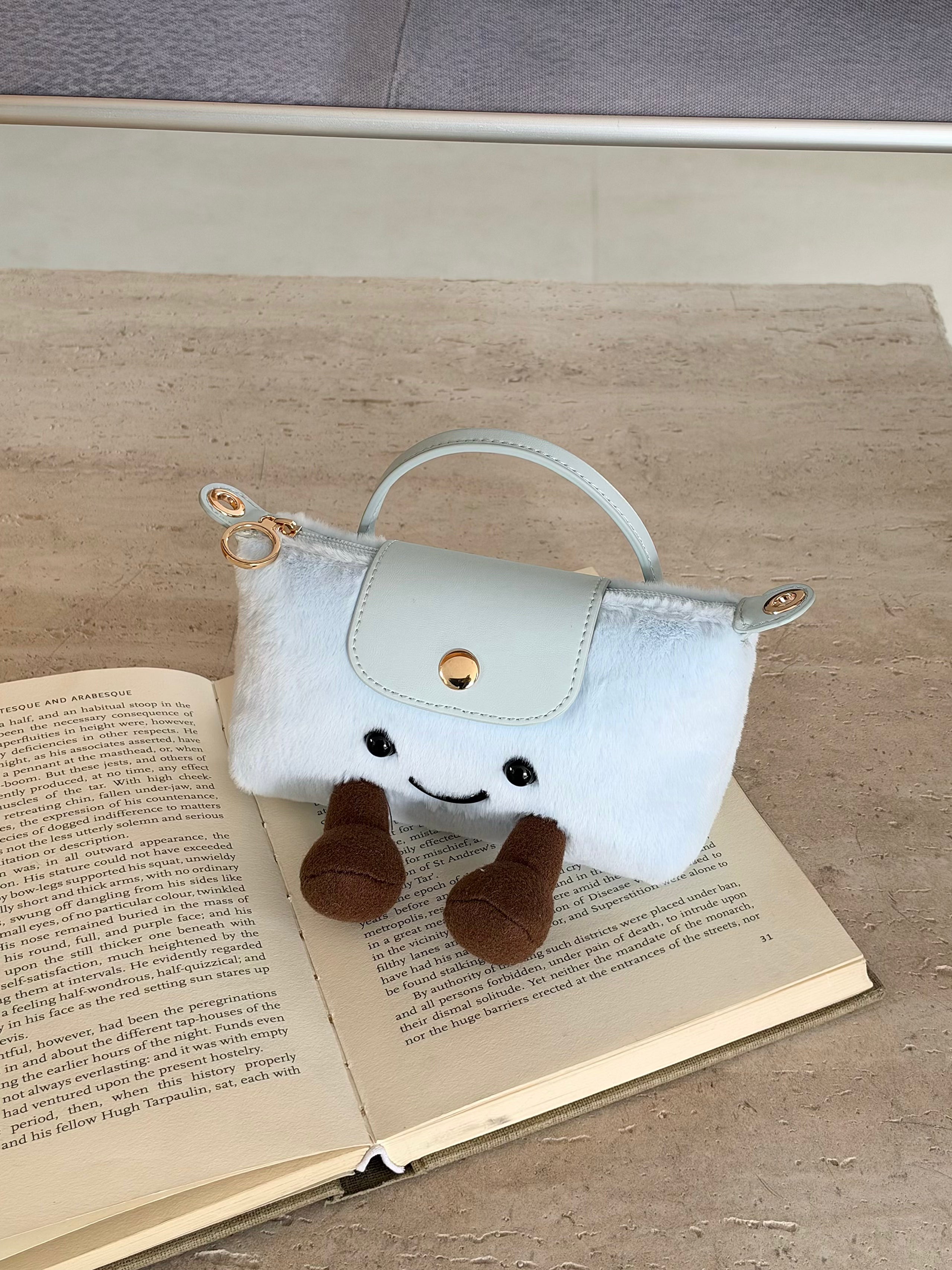Cartoon Jellycat & Longchamp Style Cute Mini Tote Handle Shoulder Bag —— Plush Baby Blue