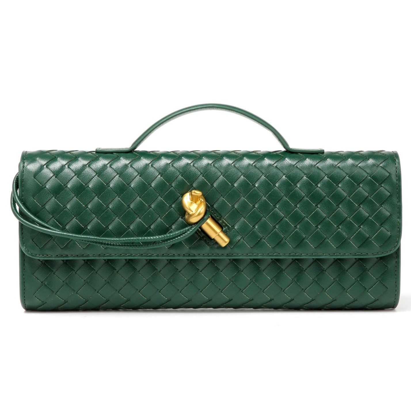 Dark Green Woven Leather Crossbody Clutch Purse Top handle Flap Handbags