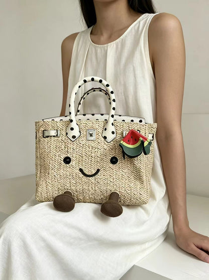 Sunshine Meadow Woven Straw Polka dot printing Tote Bag