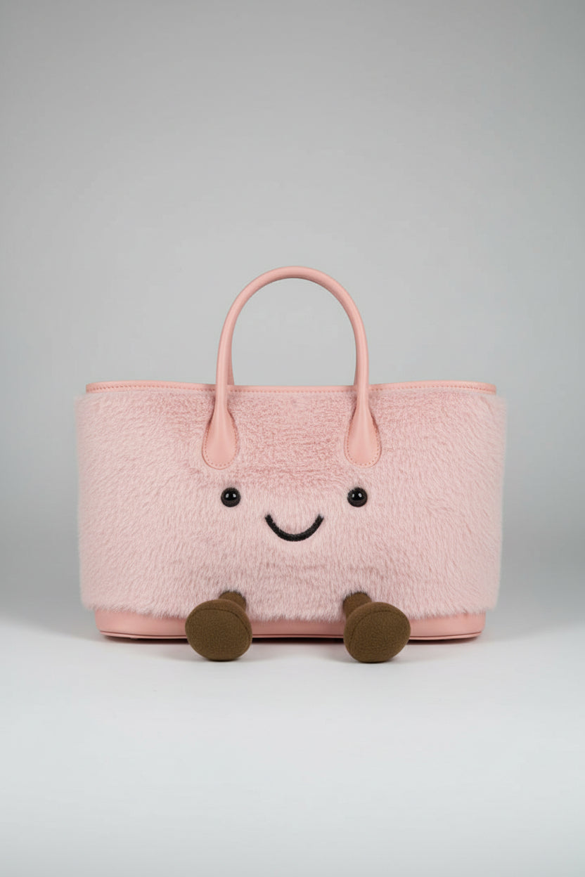 Cute Smiley Face Plush Garden Tote Bag | Kawaii Fluffy Handbag in 2 Sizes
