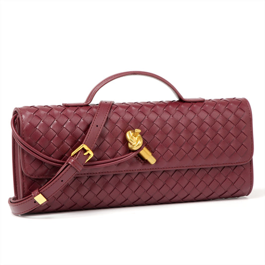 Burgundy Woven Leather Crossbody Clutch Purse Top handle Flap Handbags