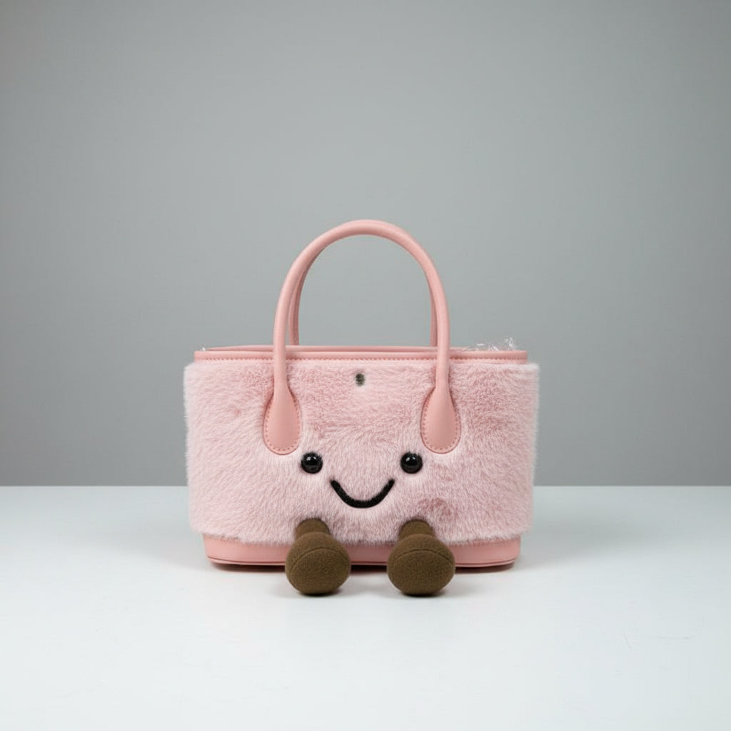 Cute Smiley Face Plush Garden Tote Bag | Kawaii Fluffy Handbag in 2 Sizes