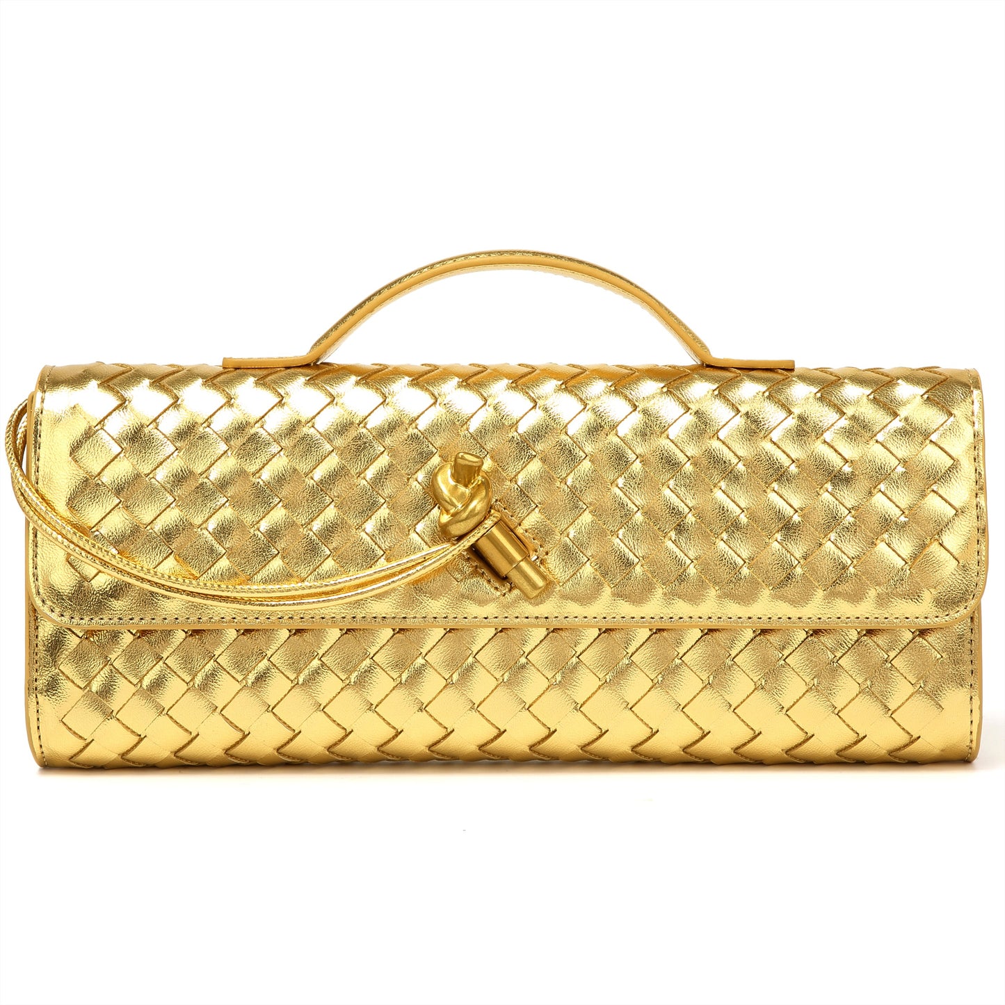 Gold Woven Leather Crossbody Clutch Purse Top handle Flap Handbags