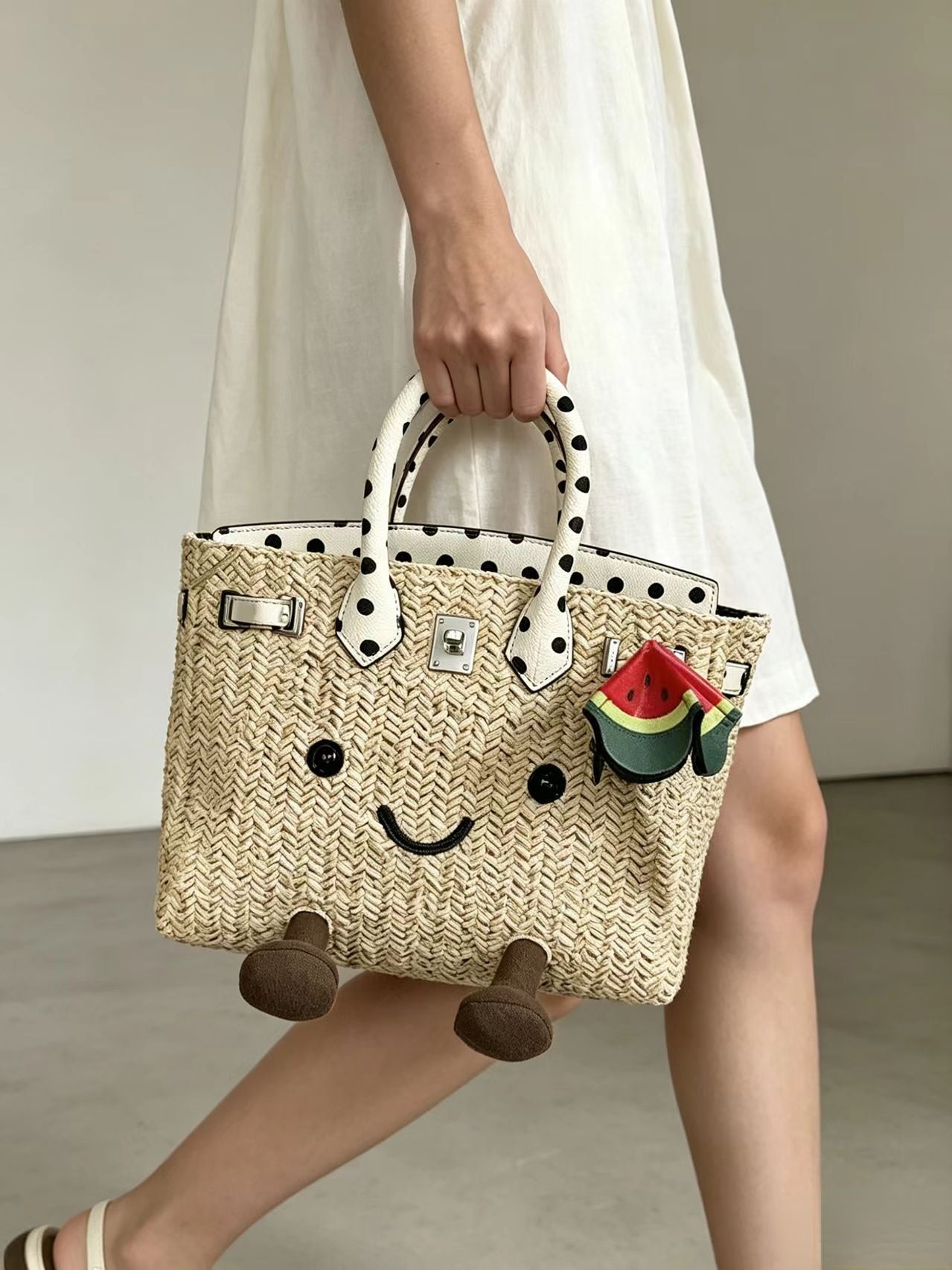 Sunshine Meadow Woven Straw Polka dot printing Tote Bag
