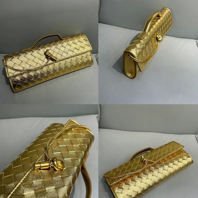 Gold Woven Leather Crossbody Clutch Purse Top handle Flap Handbags