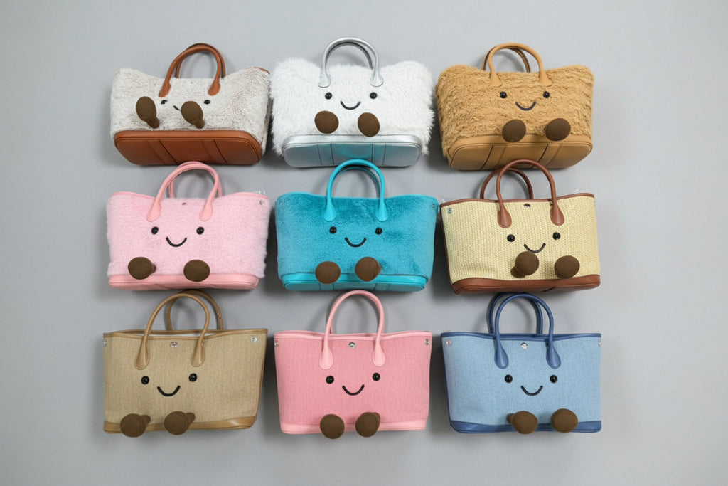 Cute Smiley Face Plush Garden Tote Bag | Kawaii Fluffy Handbag in 2 Sizes