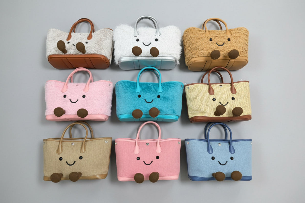 Cute Smiley Face Plush Garden Tote Bag | Kawaii Fluffy Handbag in 2 Sizes