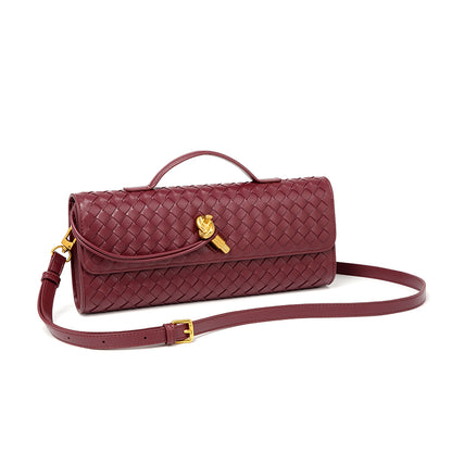 Burgundy Woven Leather Crossbody Clutch Purse Top handle Flap Handbags