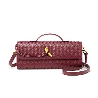 Burgundy Woven Leather Crossbody Clutch Purse Top handle Flap Handbags