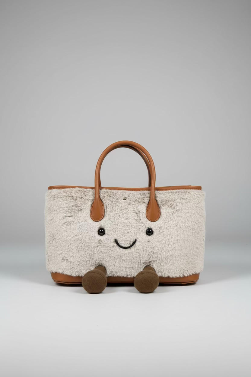 Cute Smiley Face Plush Garden Tote Bag | Kawaii Fluffy Handbag in 2 Sizes