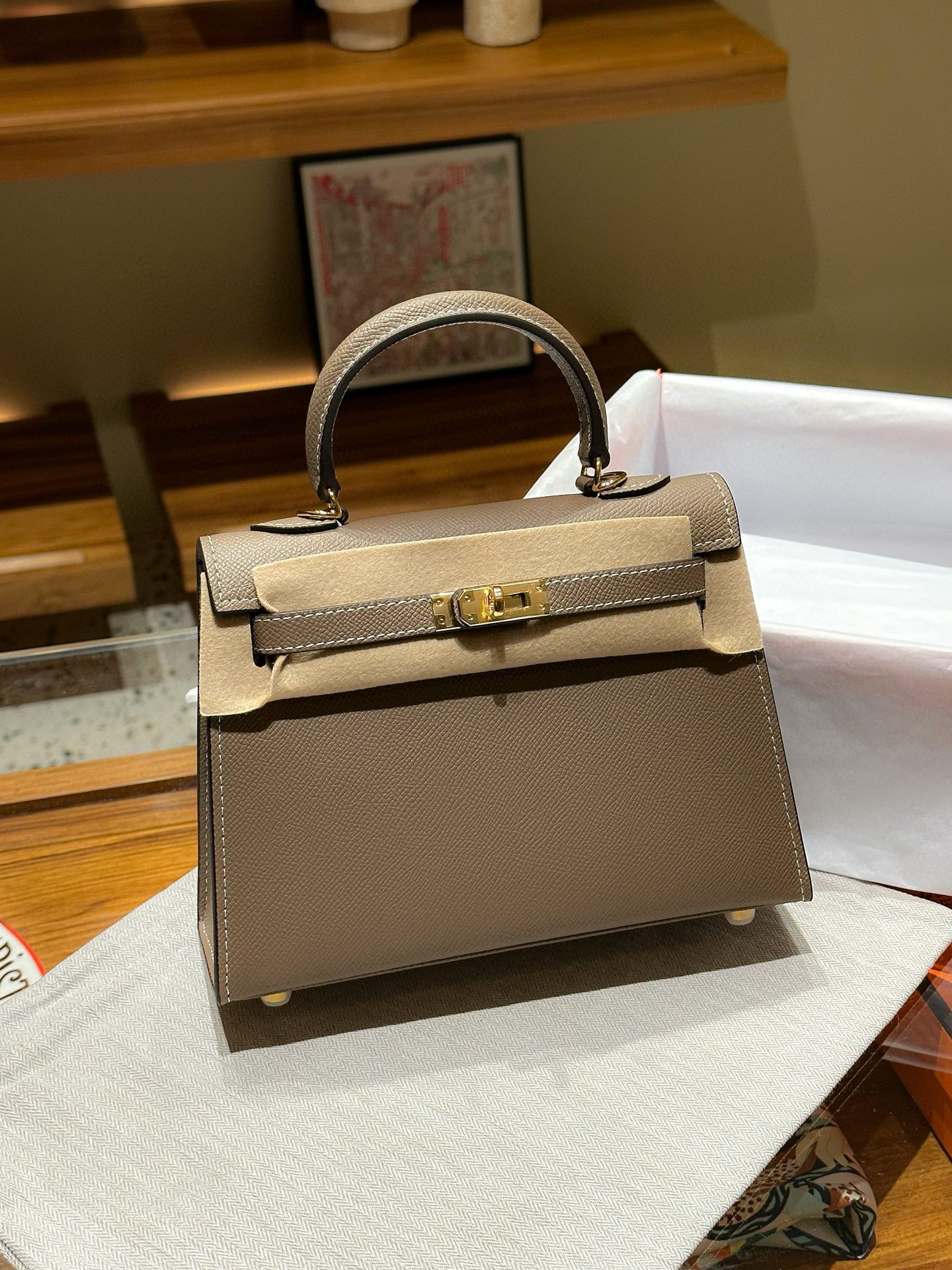 kelly bag taupe -100% cowhide