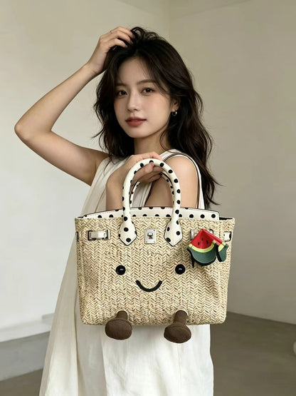 Sunshine Meadow Woven Straw Polka dot printing Tote Bag