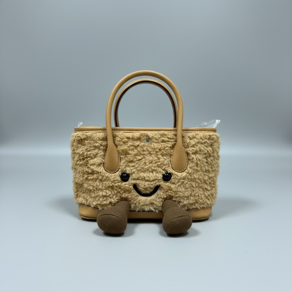 Cute Smiley Face Plush Garden Tote Bag | Kawaii Fluffy Handbag in 2 Sizes