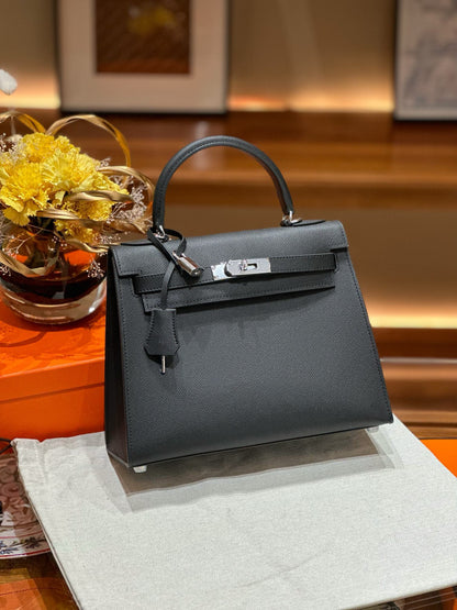 kelly bag black silver hardware-100% cowhide