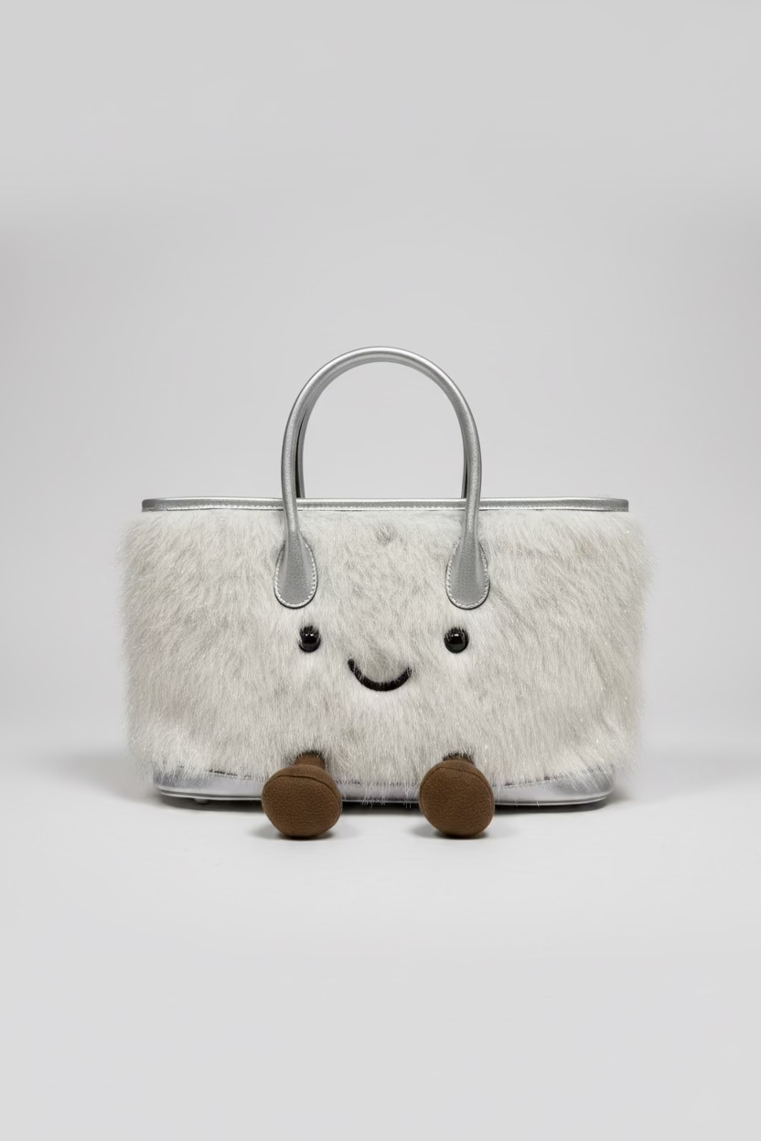 Cute Smiley Face Plush Garden Tote Bag | Kawaii Fluffy Handbag in 2 Sizes