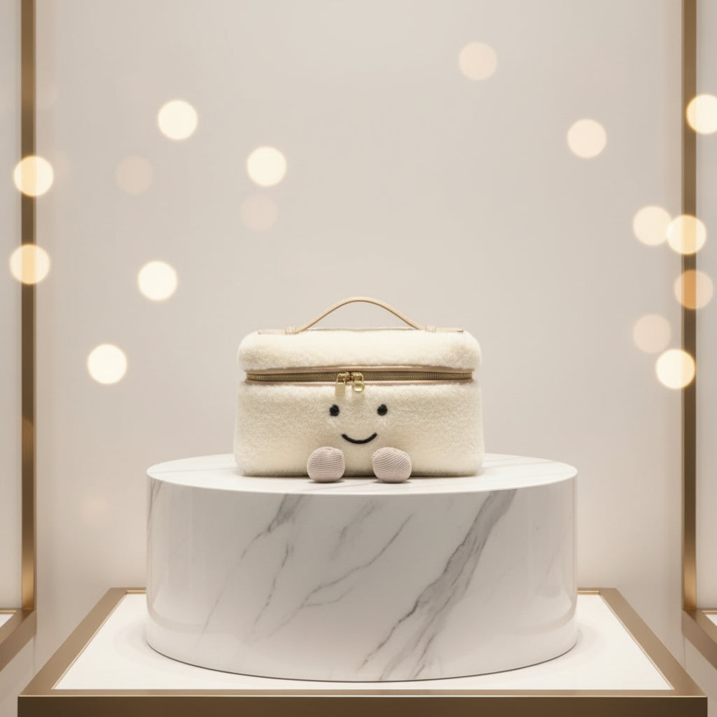 Creamy White Teddy Vanity Case-Luxury Inspired Cozy Sherpa Clutch