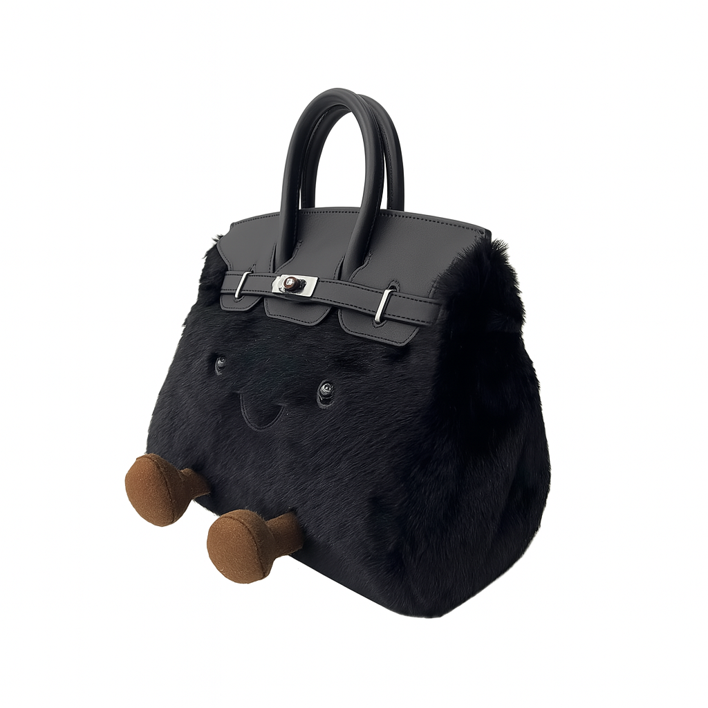 Midnight Fluffy Meadow Teddy Fur Tote (Classic Silhouette)