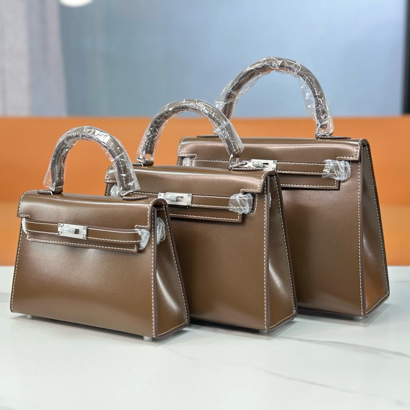 Bag Kelly taupe bright leather 19/22/25cm