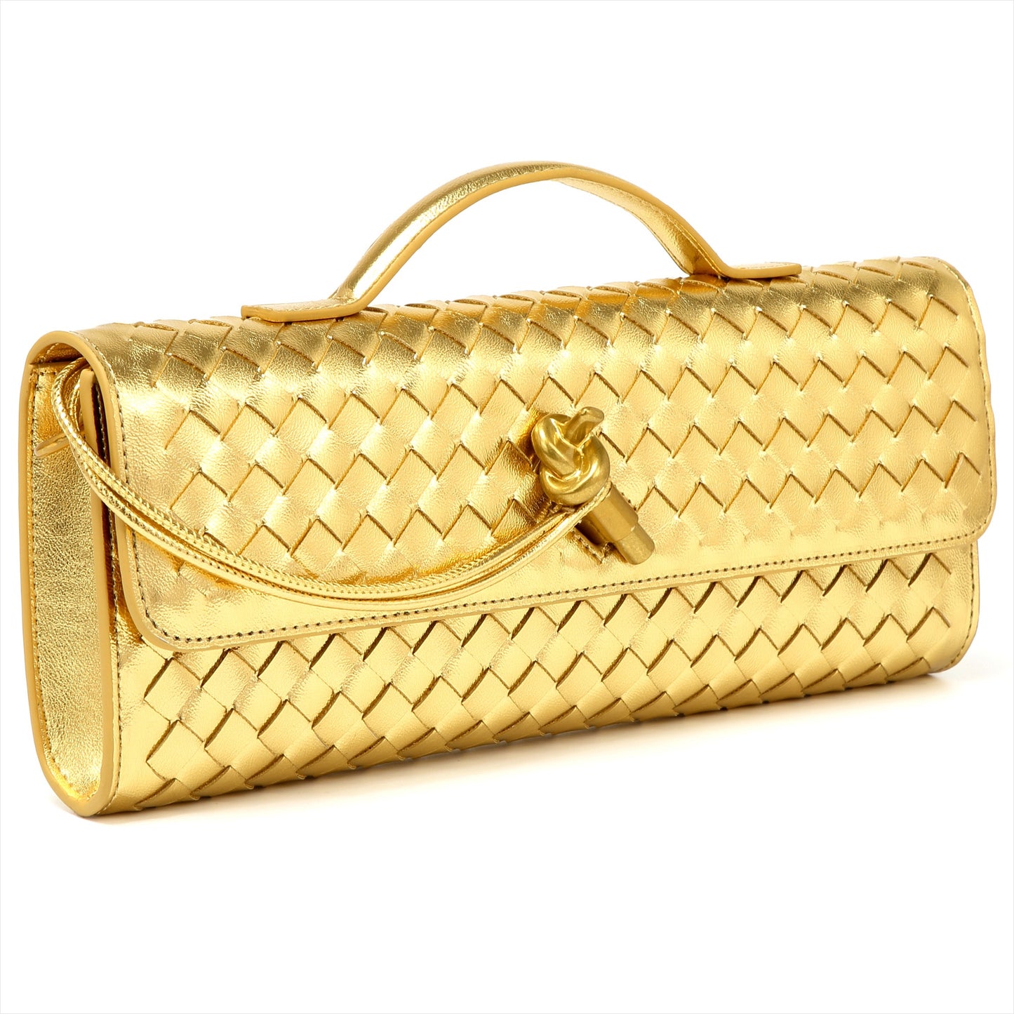 Gold Woven Leather Crossbody Clutch Purse Top handle Flap Handbags