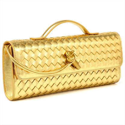 Gold Woven Leather Crossbody Clutch Purse Top handle Flap Handbags