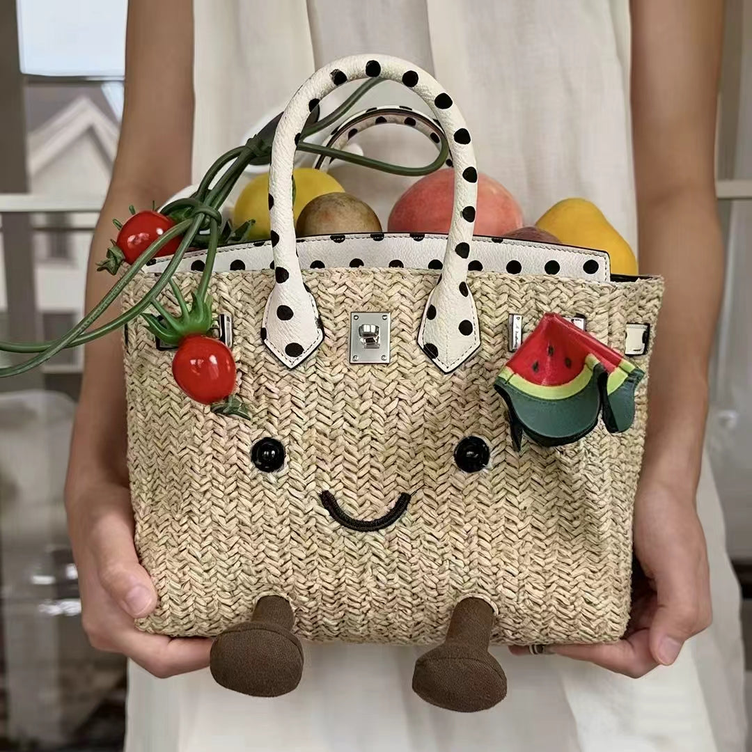 Sunshine Meadow Woven Straw Polka dot printing Tote Bag
