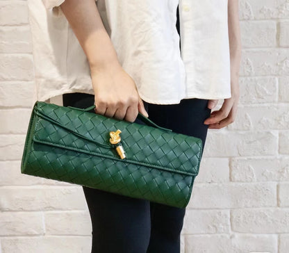 Dark Green Woven Leather Crossbody Clutch Purse Top handle Flap Handbags