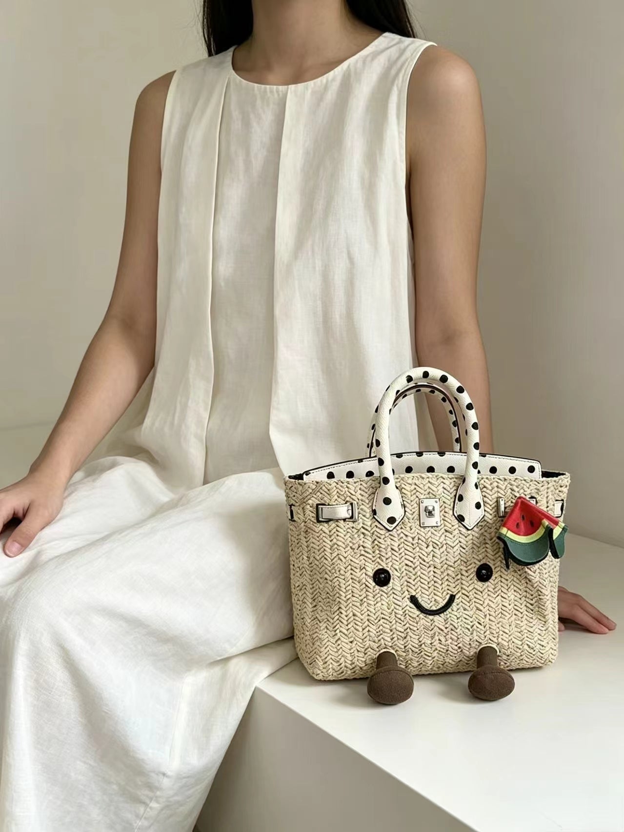 Sunshine Meadow Woven Straw Polka dot printing Tote Bag