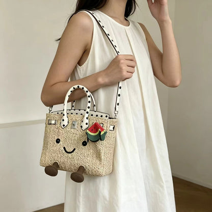 Sunshine Meadow Woven Straw Polka dot printing Tote Bag
